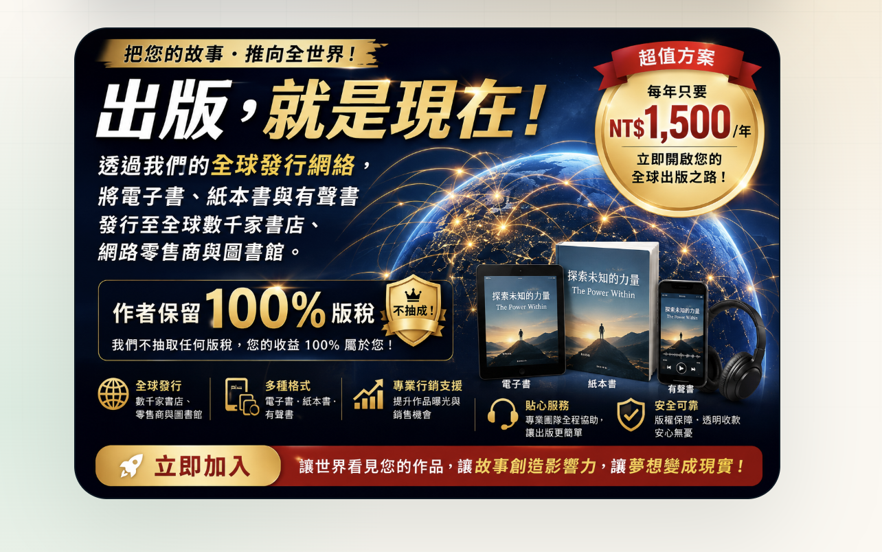 出版，就是現在：全球發行電子書、紙本書與有聲書，作者保留百分之百版稅